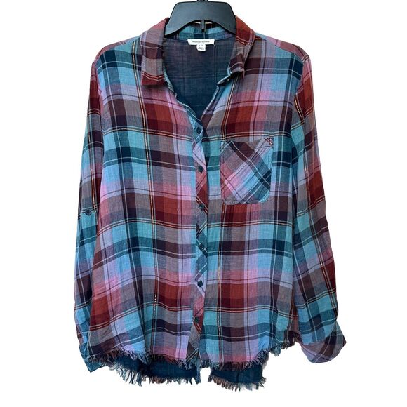 Beach Lunch Lounge Shirt Womens Large Plaid Long Sleeve Fringe, Back Slit Grunge - Picture 2 of 8